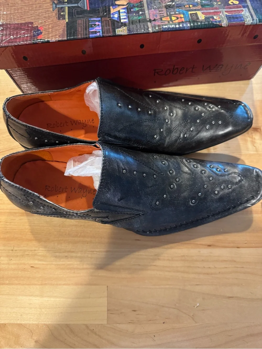 Robert Wayne Black Leather Slip-On Loafers with Stud Detailing